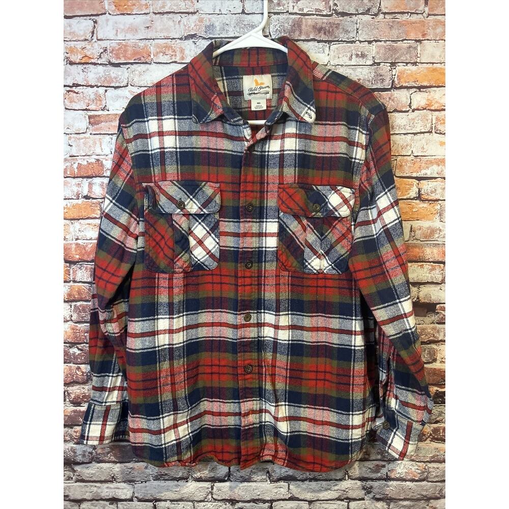 field and stream plaid shirt red blue cotton long sleeve button down mens medium